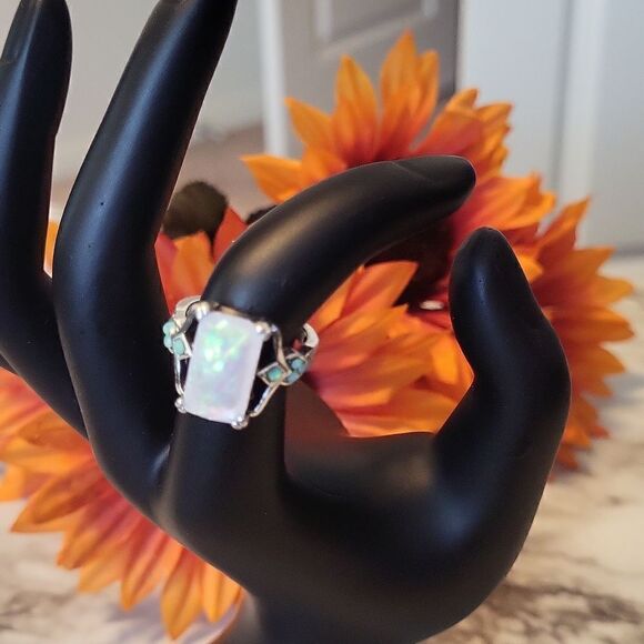 Rectangle White Lab Opal Antique Silvery Rings - Picture 10 of 12